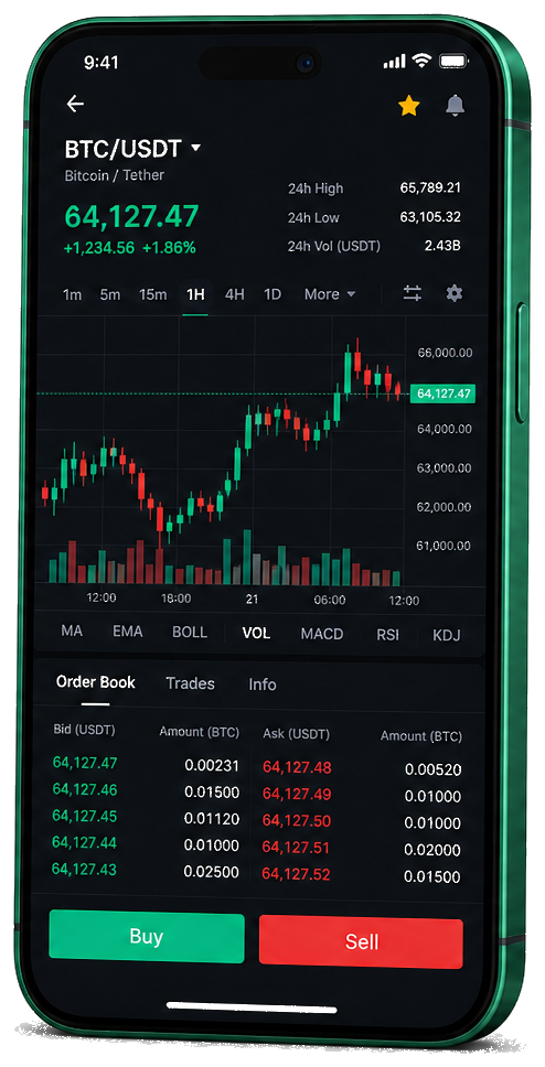 Application mobile Rendia — graphique BTC/USDT en direct, carnet d’ordres et outils de trading